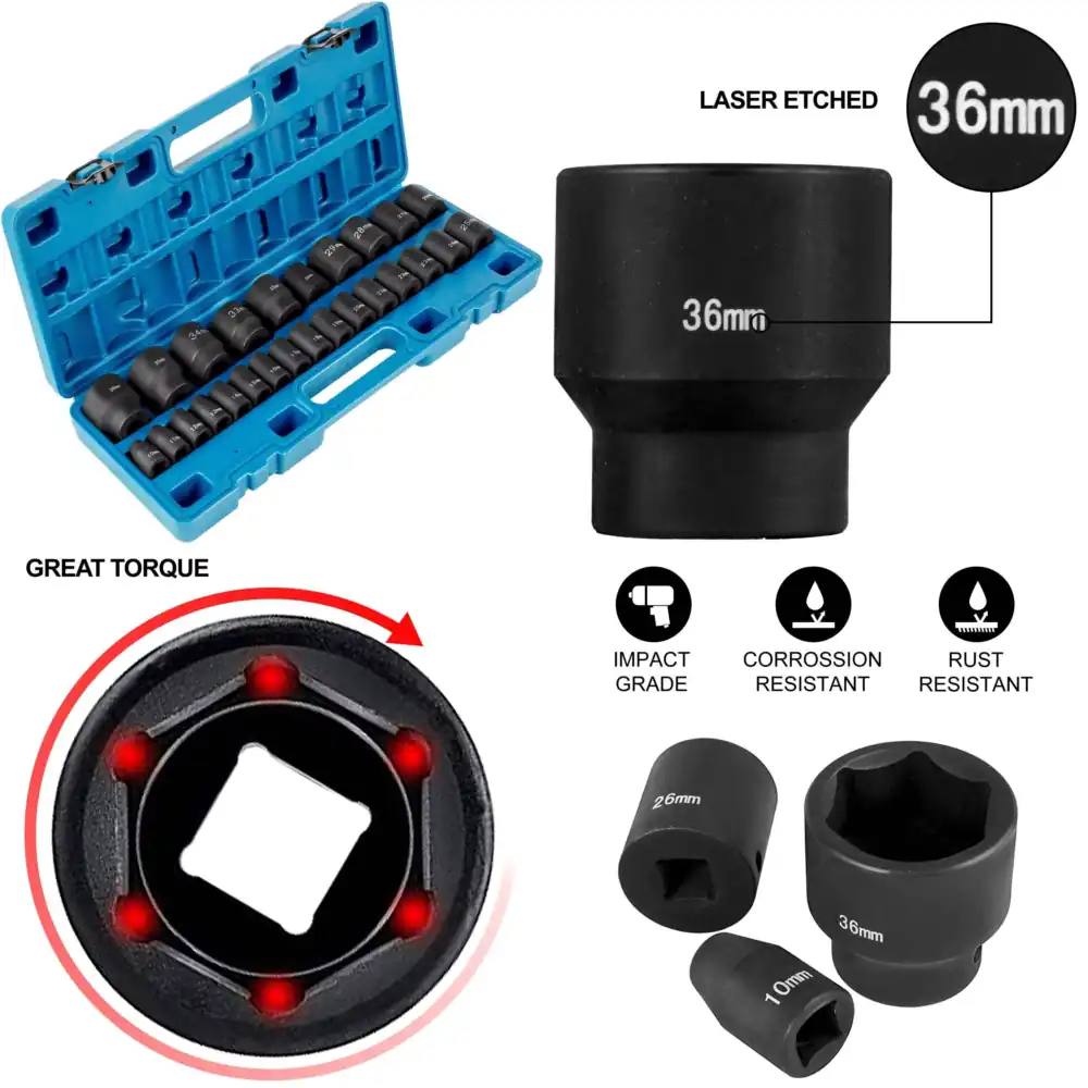 Industrial Laser Etching - Metric Impact Socket Set, CR-V Steel